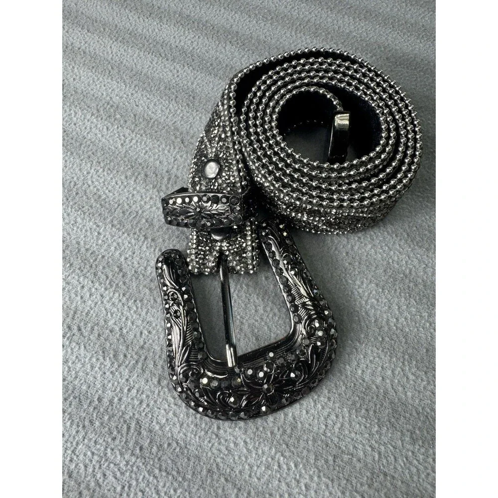 Women’s Rhinestone Western Belt Genuine Leather L/XL Silver Black 6516